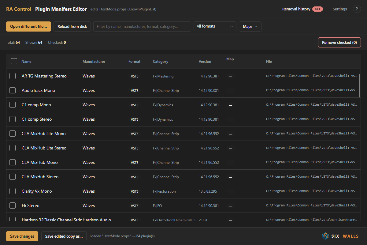 RA Plugin Manifest Editor: a dark table of installed plugins with name, manufacturer, format, category, version, map status, and file path columns, a search box and format filter, and Save changes / Remove checked actions