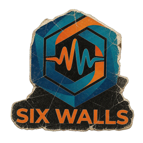 The Six Walls logo on a worn, torn-looking sticker with a white border