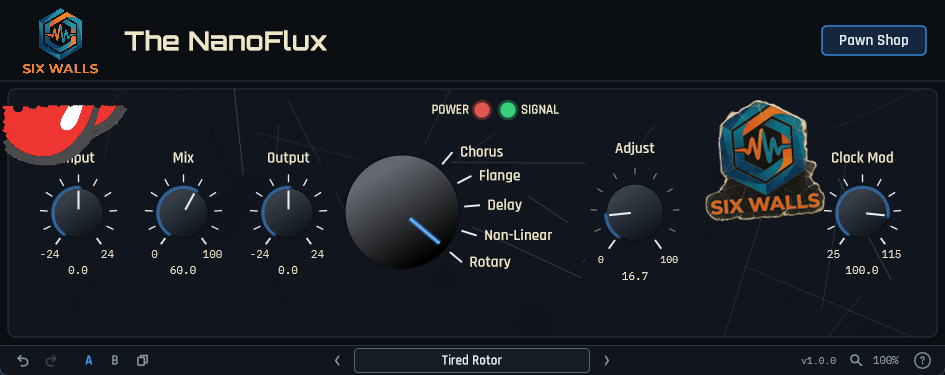 The NanoFlux in Pawn Shop mode: scratched and scuffed panel, aged ivory lettering, a torn sticker, a worn Six Walls logo sticker, and a Clock Mod knob in place of Rate and Depth