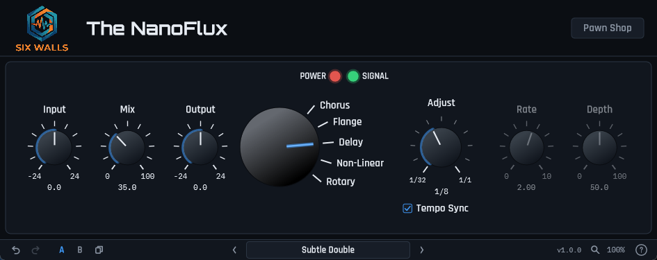 The NanoFlux plugin UI: Six Walls header with a Pawn Shop button, Input, Mix, and Output knobs, a five-position mode dial set to Delay, the Adjust knob reading 1/8 with Tempo Sync ticked beneath it, grayed-out Rate and Depth knobs, POWER and SIGNAL lights, and the standard Six Walls toolbar