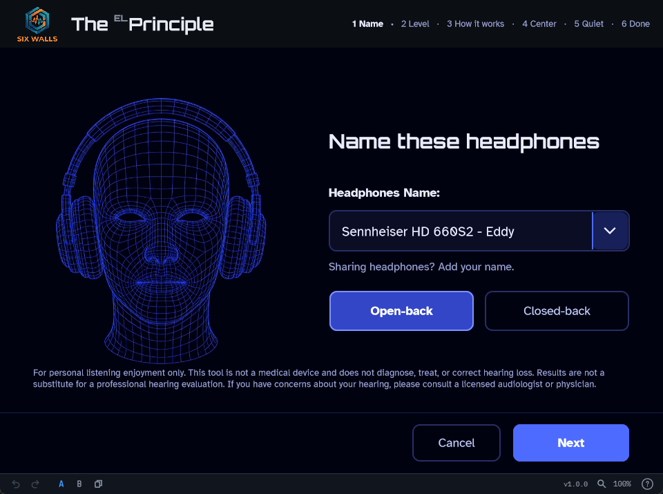 The Principle's calibration wizard, step 1: a wireframe head wearing headphones, a Headphones Name field, Open-back and Closed-back buttons, and the Six Walls toolbar