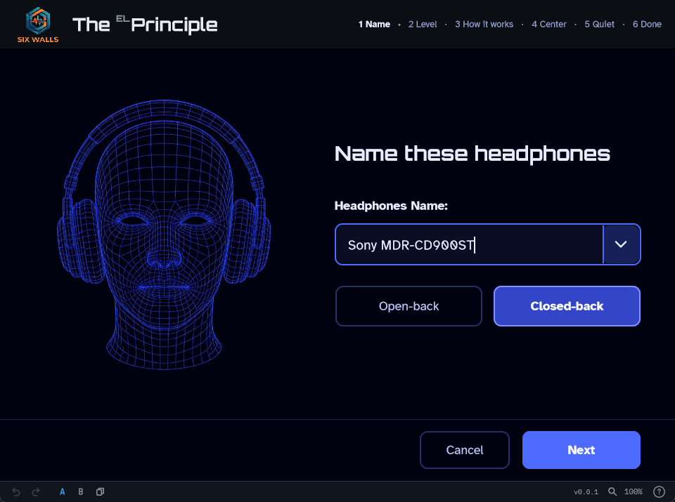 The first page of The Principle's calibration wizard: a wireframe head wearing headphones, with a box to name the headphones, Open-back and Closed-back buttons, and Cancel and Next