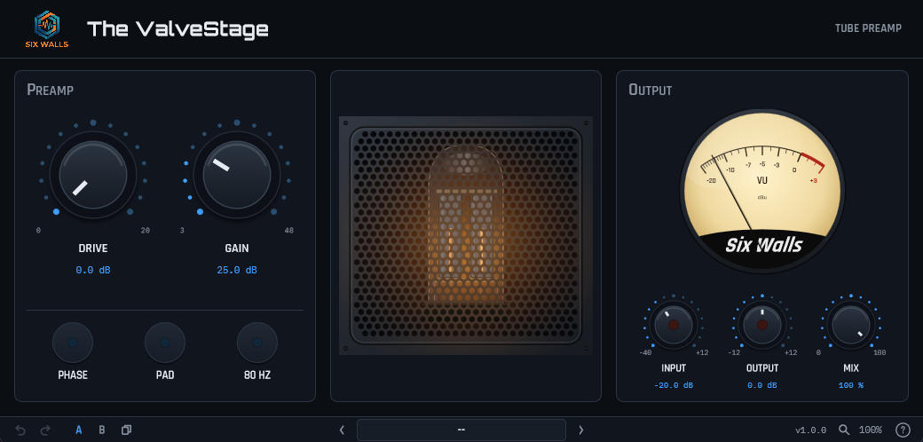 The ValveStage plugin UI: Drive and Gain knobs with Phase, Pad, and 80 Hz buttons, a glowing tube behind a grille, a VU meter, Input, Output, and Mix knobs with clip lights, and the standard Six Walls toolbar